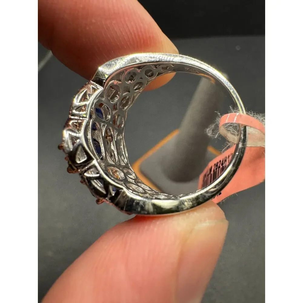 Vtg 925 Sterling Silver Rose Two Tone Blue Sapphire Oval 3 Stone Ring Sz 10 NWT
